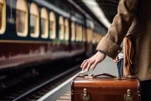 hand woman holding suitcase traveling waiting train on the platform photo