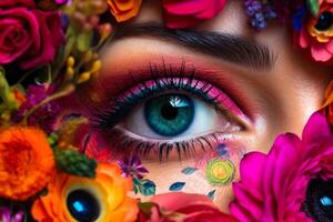 hembra ojo con carnaval maquillaje en flores, feminidad belleza piel cuidado generativo ai foto