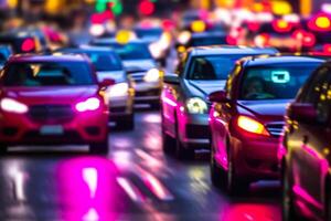 car traffic jam in the evening lights photo