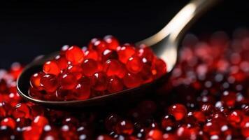 spoon with red salmon caviar closeup, sea deliates photo