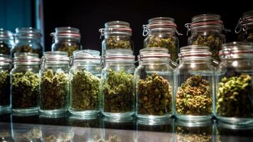 glass jars with different strain of cannabis display case with buds of medical marijuana photo