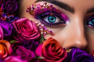 hermosa hembra ojo maquillaje en flores belleza cuidado generativo ai foto