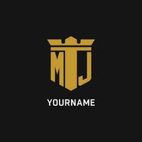 MJ initial logo with shield and crown style vector