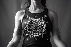 woman doing yoga with wheel of samsara t-shirt photo