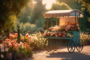 decoration wooden carriage vintage shop with flowers photo