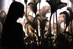 dark silhouette of a woman on the background of large white lilies beauty femininity photo