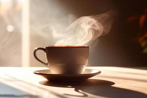 a cup of hot aroma coffee with the rays of the sun by the window photo