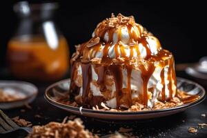 hielo crema con caramelo, nueces y chocolate generativo ai foto