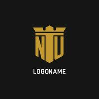 NU initial logo with shield and crown style vector