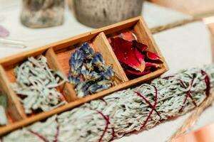 set of dried herbs delphinium, sage, wormwood, lavender, rose. Wormwood wand photo