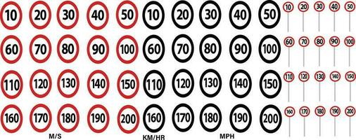 conjunto de velocidad límite tráfico señales desde 10 a 200 con diferente unidades y dos colores para todas terminado mundo utilizar asociado con firmar titulares vector