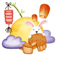 Mid autumn elements. Rabbit and moon cake. Watercolor painting. png