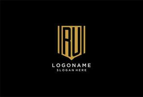 RU monogram logo with geometric shield icon design vector