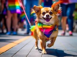 Chihuahua dog in pride parade. Concept of LGBTQ pride. photo