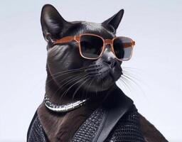 Black cat with fashionable dressing, wearing sunglasses. photo