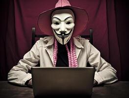 anónimo hacker con loco y extraño Moda y Steampunk estilo. concepto de hackear la seguridad cibernética, ciberdelincuencia, ataque cibernetico, etc. ai generado imagen foto