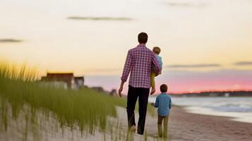 padre y su niños a puesta de sol. concepto de contento padre día. ai generado foto