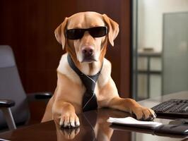 Per dog working in office. Concept of officer, chairman, chief or boss. image photo