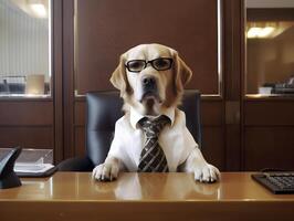 Golden retriever dog working in office. Concept of officer, chairman, chief or boss. image photo