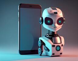 Futuristic robot beside screen of smartphone. Concept of chatbot with artificial intelligence. image photo