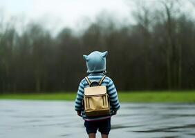 niño con impermeable y mochila. concepto de espalda a escuela. ai generado foto