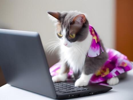 mascota gato con frazada. concepto de trabajo duro mascota. ai generado imagen. foto