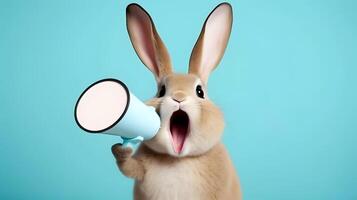 Rabbit announcing using hand speaker. Notifying, warning, announcement. photo