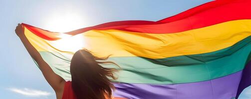 Girl holding rainbow flag. Concept of LGBT pride. photo