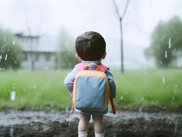 niño con impermeable y mochila. concepto de espalda a escuela. ai generado foto