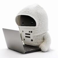 Cute anonymous hacker with white hoodie typing computer laptop. Concept of ethical hacking. Cybersecurity, Cybercrime, Cyberattack. image photo