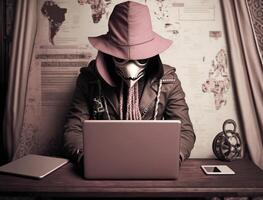 anónimo hacker con loco y extraño Moda y Steampunk estilo. concepto de hackear la seguridad cibernética, ciberdelincuencia, ataque cibernetico, etc. ai generado imagen foto