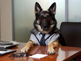 Per dog working in office. Concept of officer, chairman, chief or boss. image photo