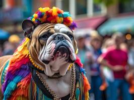 Bull dog in pride parade. Concept of LGBTQ pride. photo