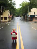 Child with raincoat and backpack. Concept of back to school. photo