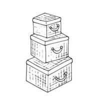 3 boxes stacked one on top of the other. Hand drawn vector illustrations isolated on a white background. Boxes for clothes, toys on doodle style.