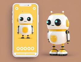 Futuristic robot beside screen of smartphone. Concept of chatbot with artificial intelligence. image photo