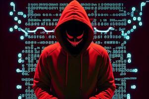 Anonymous modernized hacker. Concept of red hat, hacking cybersecurity, cybercrime, cyberattack, etc. image photo