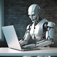 Futuristic robot using computer laptop. photo