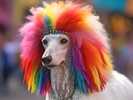 Poodle dog in pride parade. Concept of LGBTQ pride. photo