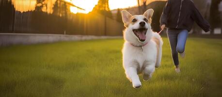 Happy pet dog and owner running on grasses during sunset. photo