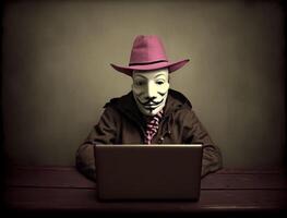 Anonymous hacker with crazy and weird fashion and steampunk style. Concept of hacking cybersecurity, cybercrime, cyberattack, etc. image photo