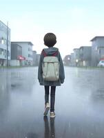 Child with raincoat and backpack. Concept of back to school. photo