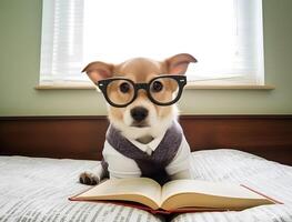 Cute puppy with book about bedtime stories. photo