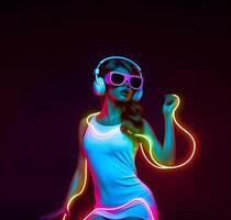 Young woman with VR glasses dancing. photo