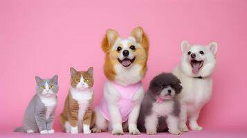 mascota gatos y perros grupo en neutral rosado antecedentes. ai generado foto