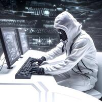 Hacker with hoodie. Concept of dark web, cybercrime, cyberattack. image photo