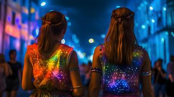 Girl couple at night of pride parade. Concept of LGBT pride. photo