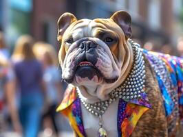 Bull dog in pride parade. Concept of LGBTQ pride. photo