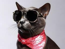 Black cat with fashionable dressing, wearing sunglasses. photo