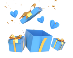 3d interpretazione blu d'oro sorpresa Aperto regalo con blu cuori png